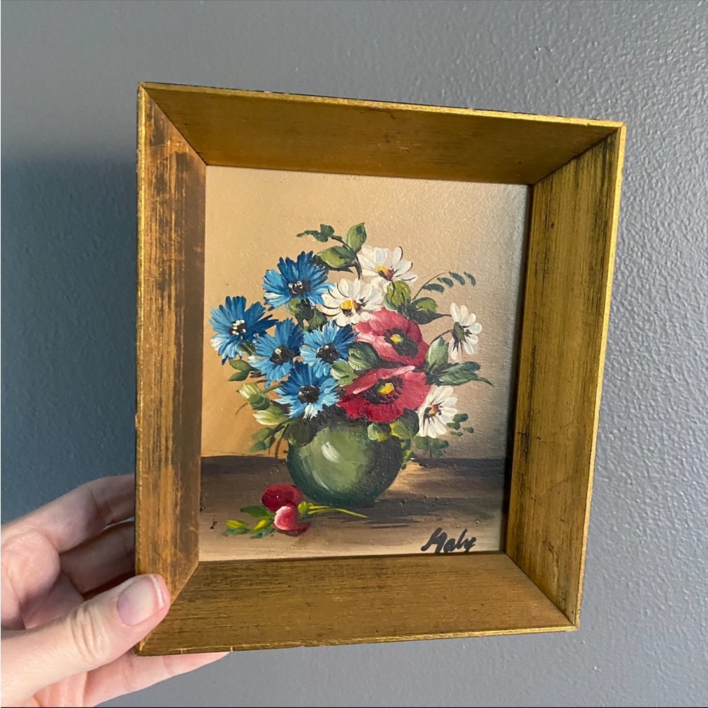 VTG Mini Painting Signed MALY Impressionist Oil Floral Still Life on Board Gold